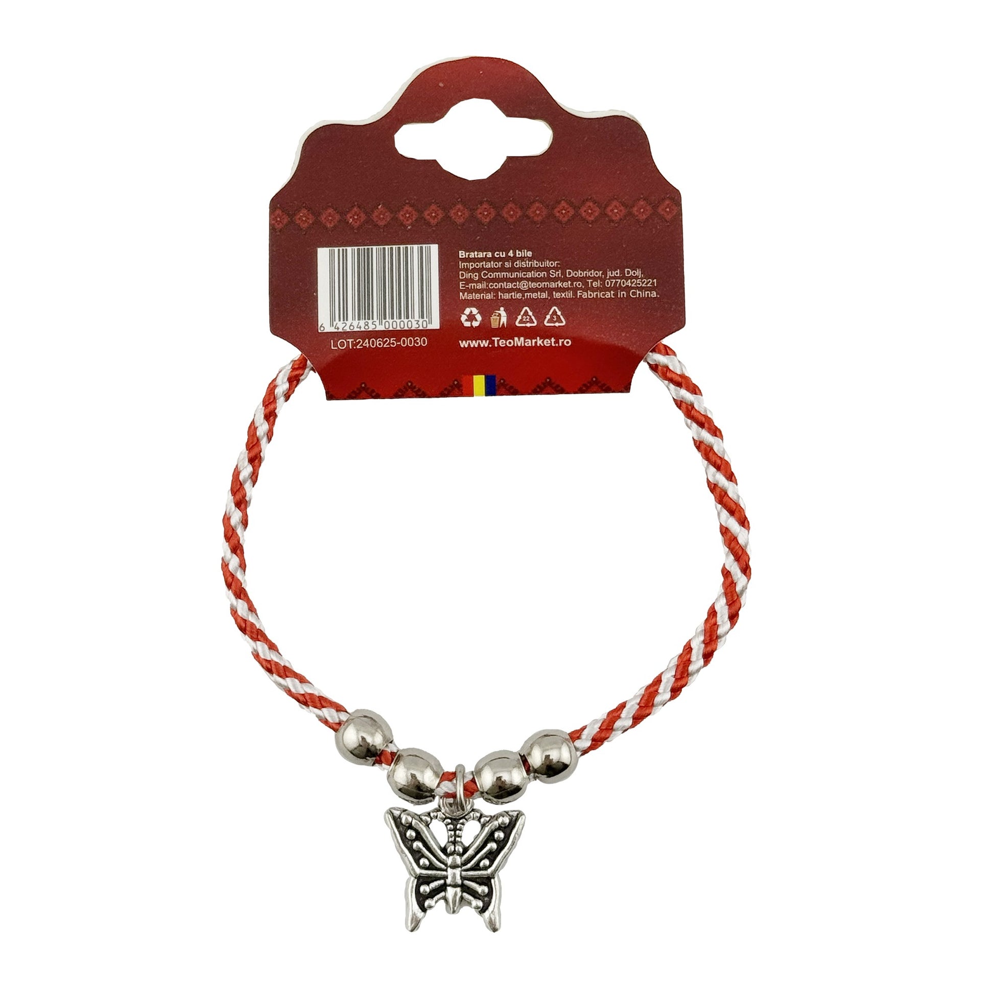 Martisor de Tip Bratara cu 4 Bile si Pandativ Metalic, Jolie, Model Fluture, Design Clasic, Snur Rasucit Alb/Rosu, Cu Sistem de Inchidere Reglabil