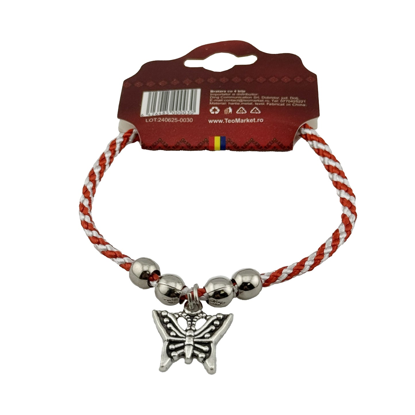 Martisor de Tip Bratara cu 4 Bile si Pandativ Metalic, Jolie, Model Fluture, Design Clasic, Snur Rasucit Alb/Rosu, Cu Sistem de Inchidere Reglabil