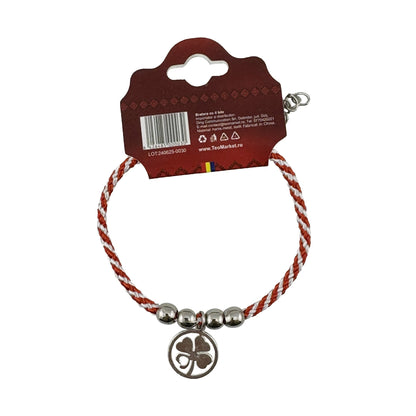 Martisor de Tip Bratara cu 4 Bile si Pandativ Metalic, Jolie, Model Trifoi in Cerc, Design Clasic, Snur Rasucit Alb/Rosu, Cu Sistem de Inchidere Reglabil