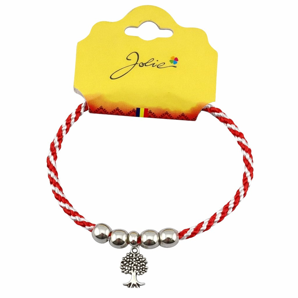 Martisor Bratara cu 4 Bile, Jolie, Model Copac, Pandativ Metalic, Design Clasic, Snur Rasucit Alb/Rosu, Cu Sistem de Inchidere Reglabil