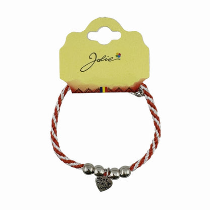 Martisor de Tip Bratara cu 4 Bile si Pandativ Metalic, Jolie, Model Inima Made with Love, Design Clasic, Snur Rasucit Alb/Rosu, Cu Sistem de Inchidere Reglabil
