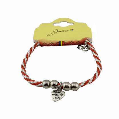 Martisor de Tip Bratara cu 4 Bile si Pandativ Metalic, Jolie, Model Inima Made with Love, Design Clasic, Snur Rasucit Alb/Rosu, Cu Sistem de Inchidere Reglabil