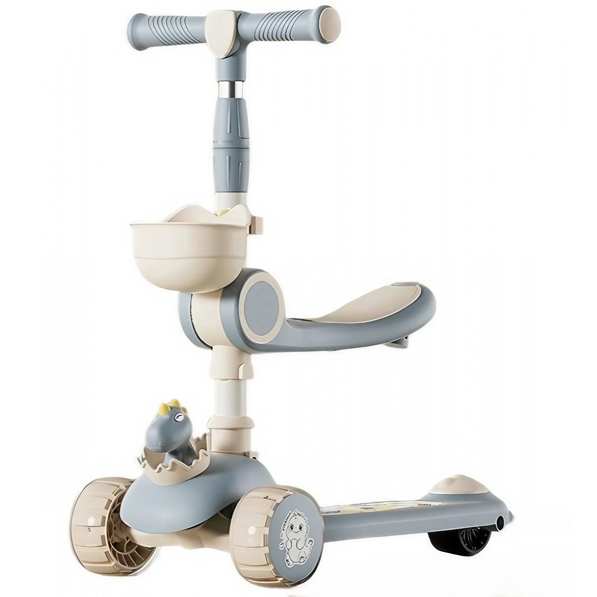 Trotineta Multifunctionala 3 in 1, Klevo, pentru Copii, 1-7 Ani, cu Lumini si Muzica, Reglabil 360, Pliere Usoara, Reglarea Inaltimii, Model Dinozaur, Bej/Albastru