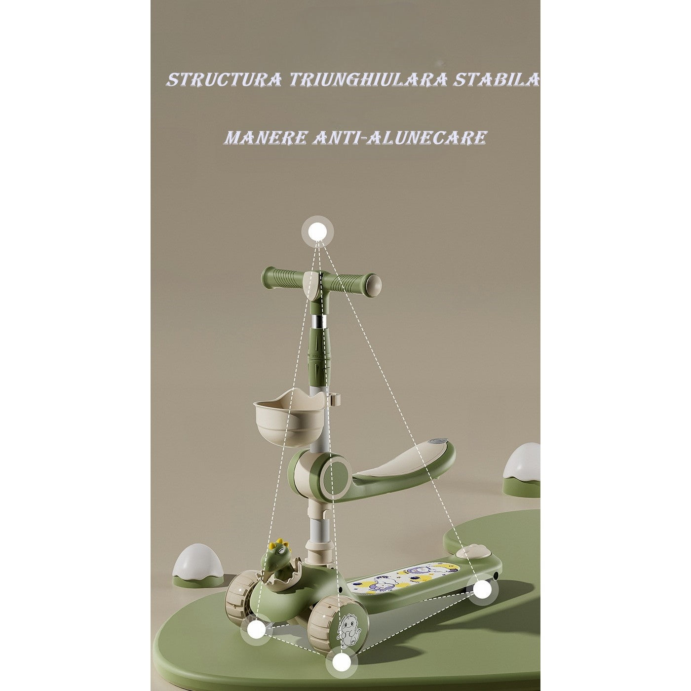 Trotineta Multifunctionala 3 in 1, Klevo, pentru Copii, 1-7 Ani, cu Lumini si Muzica, Reglabil 360, Pliere Usoara, Reglarea Inaltimii, Model Dinozaur, Bej/Verde