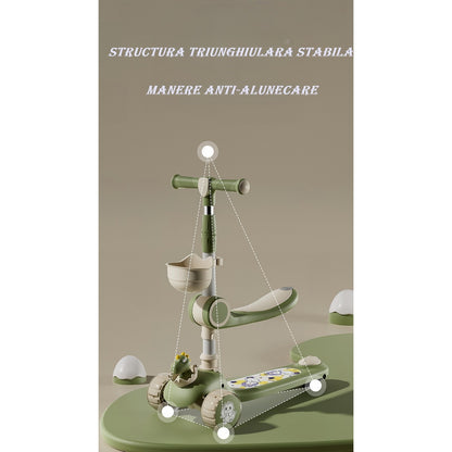 Trotineta Multifunctionala 3 in 1, Klevo, pentru Copii, 1-7 Ani, cu Lumini si Muzica, Reglabil 360, Pliere Usoara, Reglarea Inaltimii, Model Dinozaur, Bej/Verde