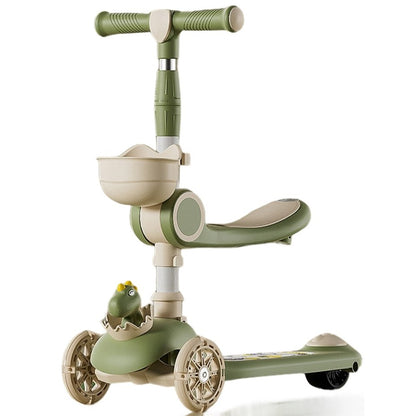 Trotineta Multifunctionala 3 in 1, Klevo, pentru Copii, 1-7 Ani, cu Lumini si Muzica, Reglabil 360, Pliere Usoara, Reglarea Inaltimii, Model Dinozaur, Bej/Verde