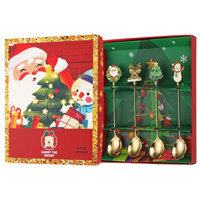 Set 4 Lingurite, Klevo, Tema Craciun, Model Carry The Merry, 4 Modele, din Otel Inoxidabil, 19.5 x 16 x 2 cm, Multicolor