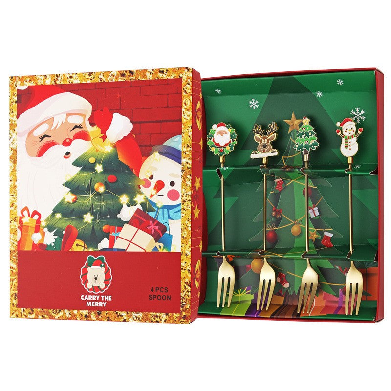 Set 4 Furculite, Klevo, Tema Craciun, Model Carry The Merry, 4 Modele, din Otel Inoxidabil, 19.5 x 16 x 2 cm, Multicolor