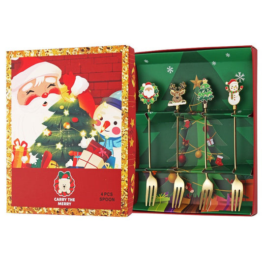 Set 4 Furculite, Klevo, Tema Craciun, Model Carry The Merry, 4 Modele, din Otel Inoxidabil, 19.5 x 16 x 2 cm, Multicolor