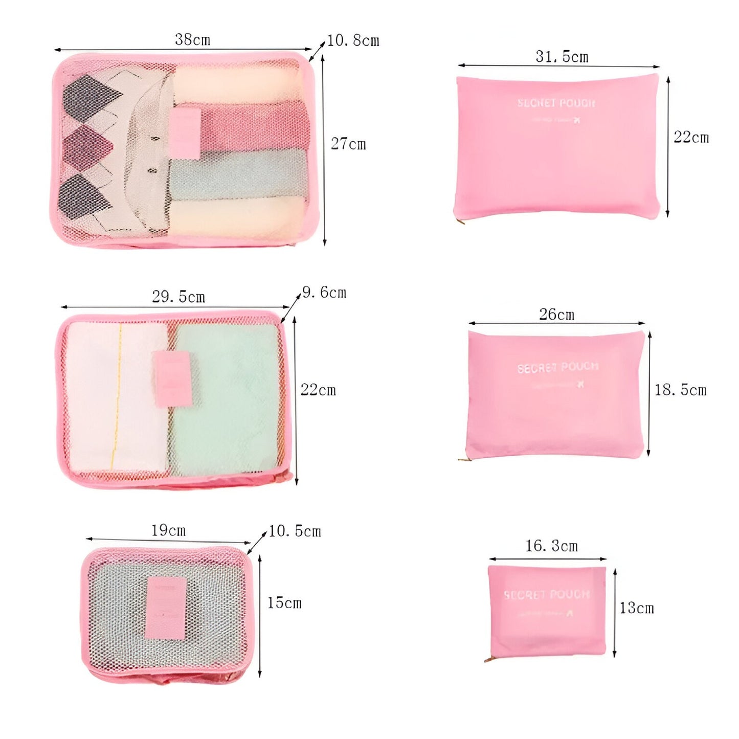 Set 6 Genți de Calatorie, Klevo, pentru Depozitare, Impermeabile, Organizator, Multifuncționale, Design cu Plasa, Pliabile, Fermoar, Dimensiuni Diferite, Roz