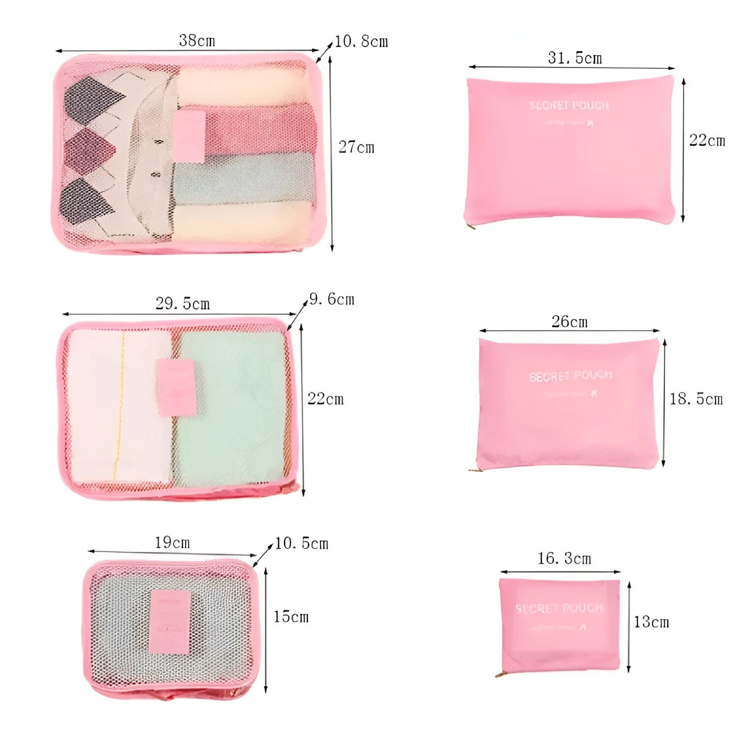 Set 6 Genți de Calatorie, Klevo, pentru Depozitare, Impermeabile, Organizator, Multifuncționale, Design cu Plasa, Pliabile, Fermoar, Dimensiuni Diferite, Roz