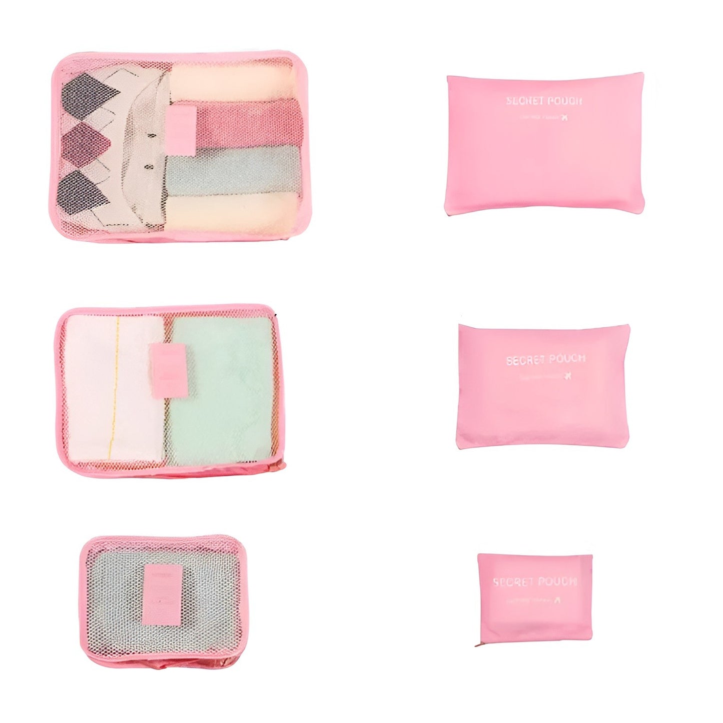 Set 6 Genți de Calatorie, Klevo, pentru Depozitare, Impermeabile, Organizator, Multifuncționale, Design cu Plasa, Pliabile, Fermoar, Dimensiuni Diferite, Roz