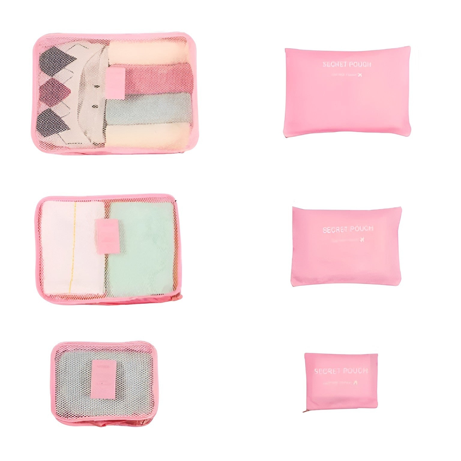 Set 6 Genți de Calatorie, Klevo, pentru Depozitare, Impermeabile, Organizator, Multifuncționale, Design cu Plasa, Pliabile, Fermoar, Dimensiuni Diferite, Roz