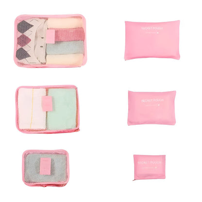 Set 6 Genți de Calatorie, Klevo, pentru Depozitare, Impermeabile, Organizator, Multifuncționale, Design cu Plasa, Pliabile, Fermoar, Dimensiuni Diferite, Roz