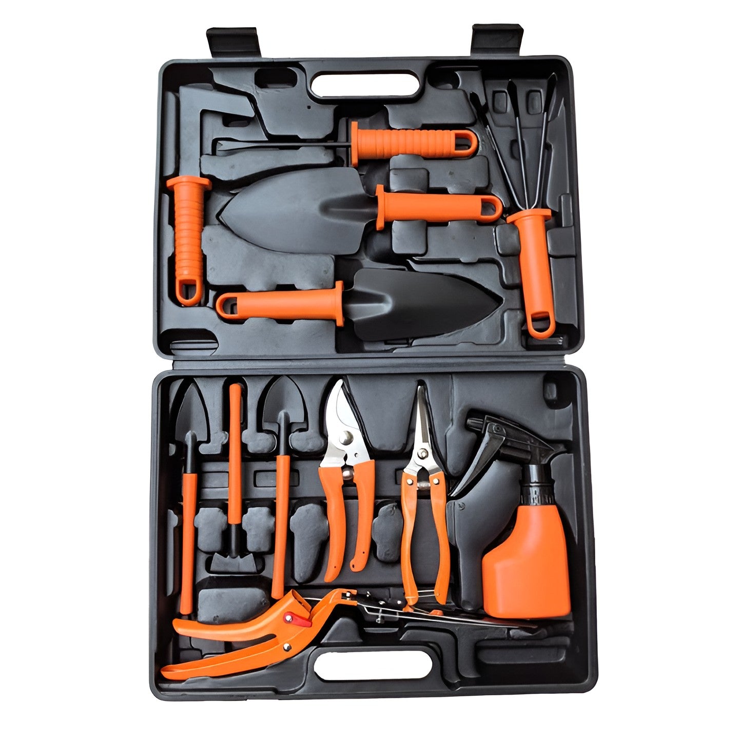 Set 12 Unelte de Gradina, Klevo, pentru Plantare Prelucrare Sol si Ingrijire Plante, Manere Portocalii, Material PVC si Cardboard, Cutie Inclusa, 37x28 cm, Negru