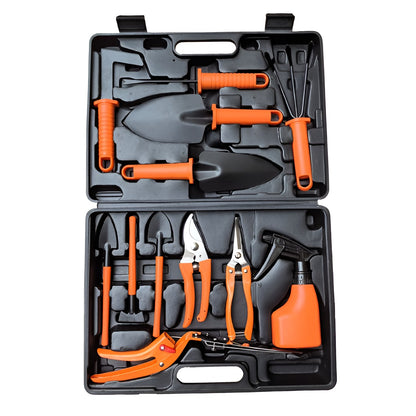 Set 12 Unelte de Gradina, Klevo, pentru Plantare Prelucrare Sol si Ingrijire Plante, Manere Portocalii, Material PVC si Cardboard, Cutie Inclusa, 37x28 cm, Negru