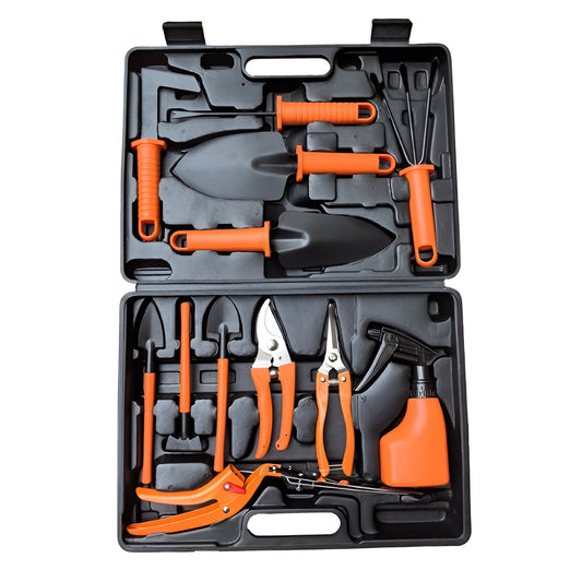 Set 12 Unelte de Gradina, Klevo, pentru Plantare Prelucrare Sol si Ingrijire Plante, Manere Portocalii, Material PVC si Cardboard, Cutie Inclusa, 37x28 cm, Negru