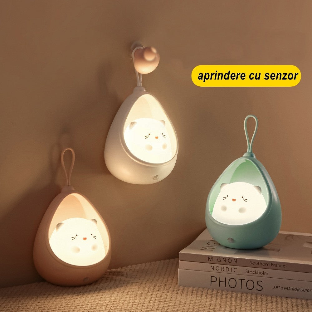 Lampa de veghe portabila cu 2 moduri de functionare Klevo, silicon non-toxic, reincarcabila USB, senzor miscare, alb, iepuras