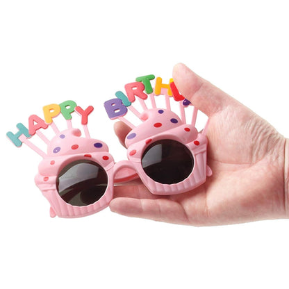 Ochelari Happy Birthday, Klevo, Tematica Aniversare, Protectie Soare, din Plastic, Model Prajiturele, 18.5x11.5 cm, Roz