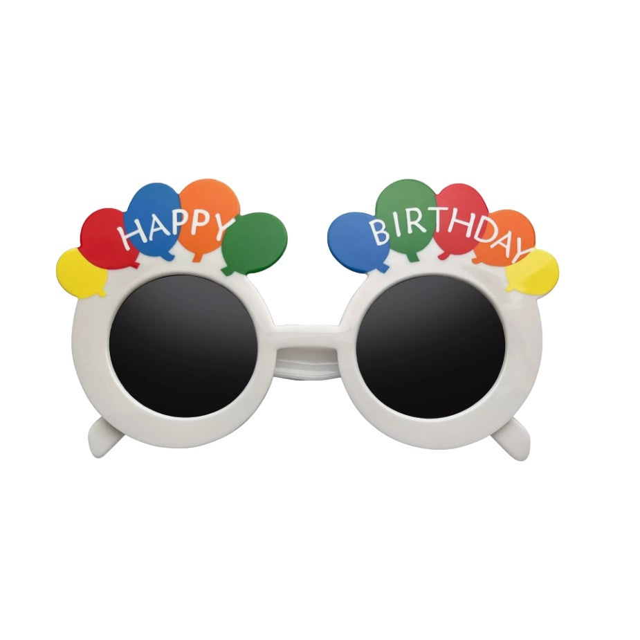 Ochelari Rotunzi Happy Birthday, Klevo, Tematica Aniversare, Protectie Soare, din Plastic, 18.5x11.5 cm, Alb