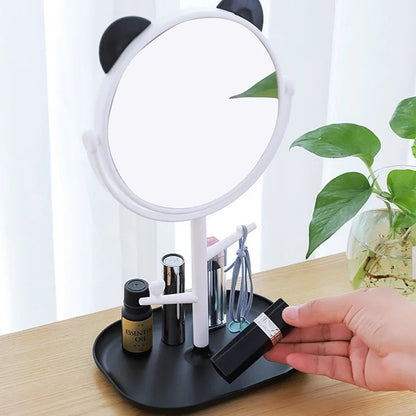 Oglina Cosmetica cu Picior, Klevo, HD, Rotire 360 Grade, 15 cm Diametru, Suport Bijuterii Baza + Brate, Model cu Urechi, 30 x 16.5 x 15 cm, Alb/Negru