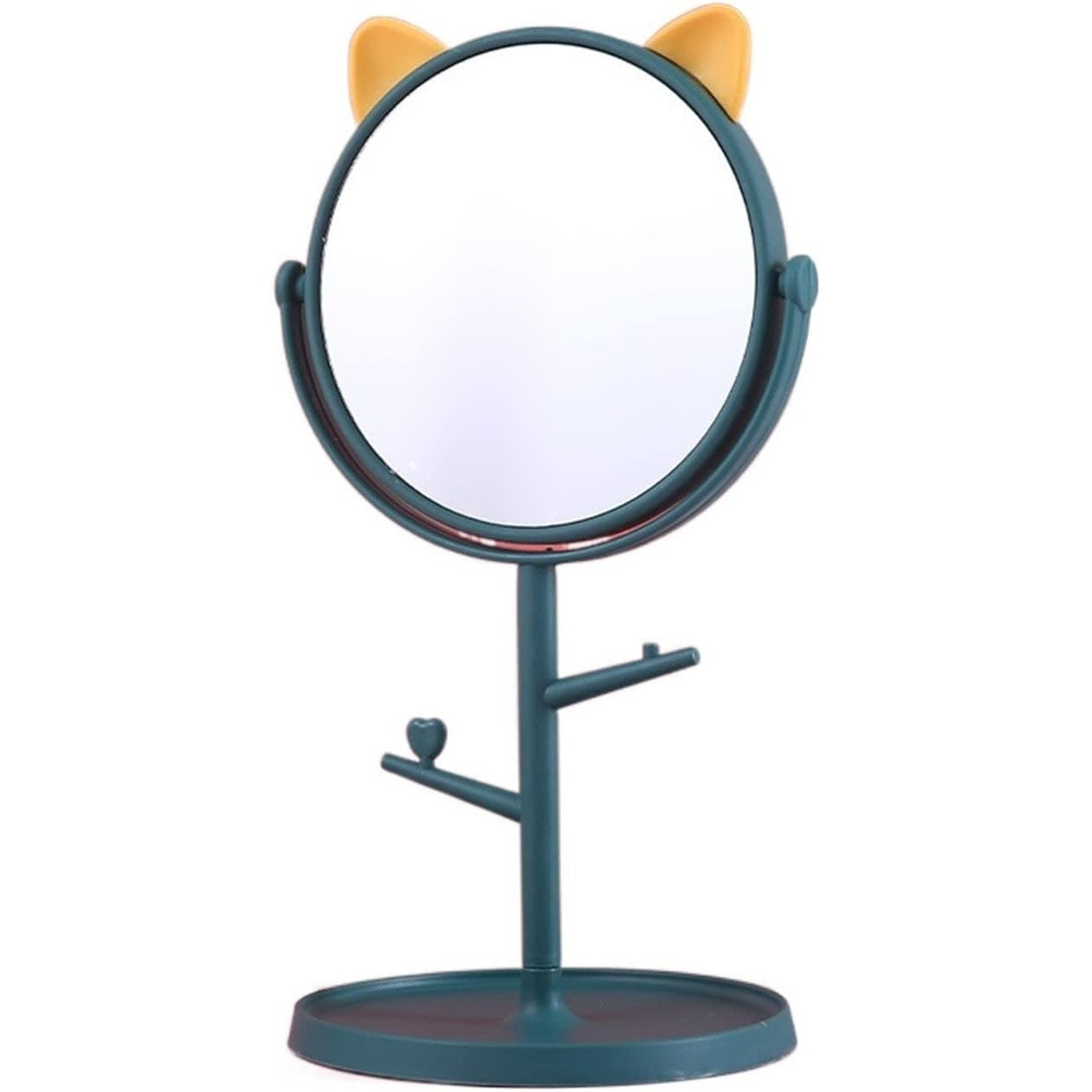 Oglina Cosmetica cu Picior, Klevo, HD, Rotire 360 Grade, 15 cm Diametru, Suport Bijuterii Baza Rotunda + 2 Brate, Model cu Urechi, 31 x 14.5 x 15 cm, din Plastic, Albastru/Galben