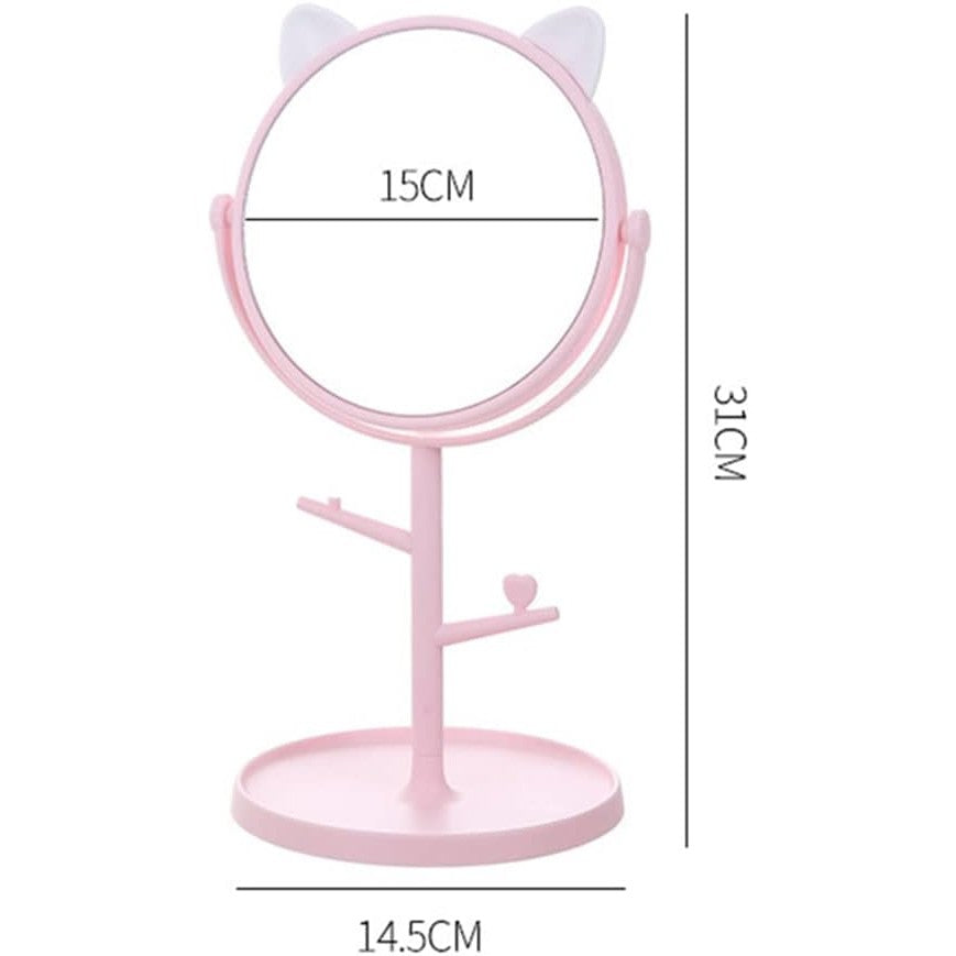 Oglina Cosmetica cu Picior, Klevo, HD, Rotire 360 Grade, 15 cm Diametru, Suport Bijuterii Baza Rotunda + 2 Brate, Model cu Urechi, 31 x 14.5 x 15 cm, din Plastic, Roz/Alb