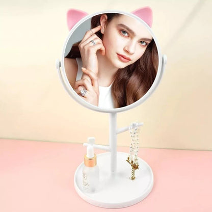 Oglina Cosmetica cu Picior, Klevo, HD, Rotire 360 Grade, 15 cm Diametru, Suport Bijuterii Baza Rotunda + 2 Brate, Model cu Urechi, 31 x 14.5 x 15 cm, din Plastic, Alb