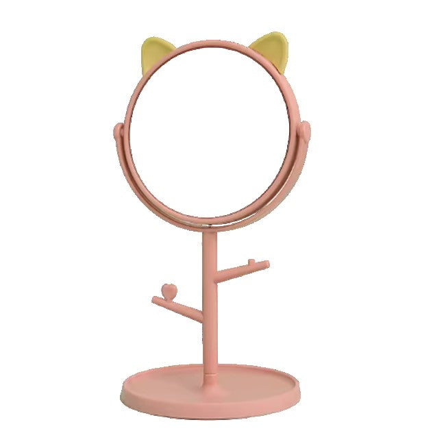 Oglina Cosmetica cu Picior, Klevo, HD, Rotire 360 Grade, 15 cm Diametru, Suport Bijuterii Baza Rotunda + 2 Brate, Model cu Urechi, 31 x 14.5 x 15 cm, din Plastic, Roz/Galben