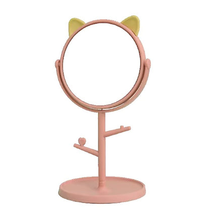 Oglina Cosmetica cu Picior, Klevo, HD, Rotire 360 Grade, 15 cm Diametru, Suport Bijuterii Baza Rotunda + 2 Brate, Model cu Urechi, 31 x 14.5 x 15 cm, din Plastic, Roz/Galben