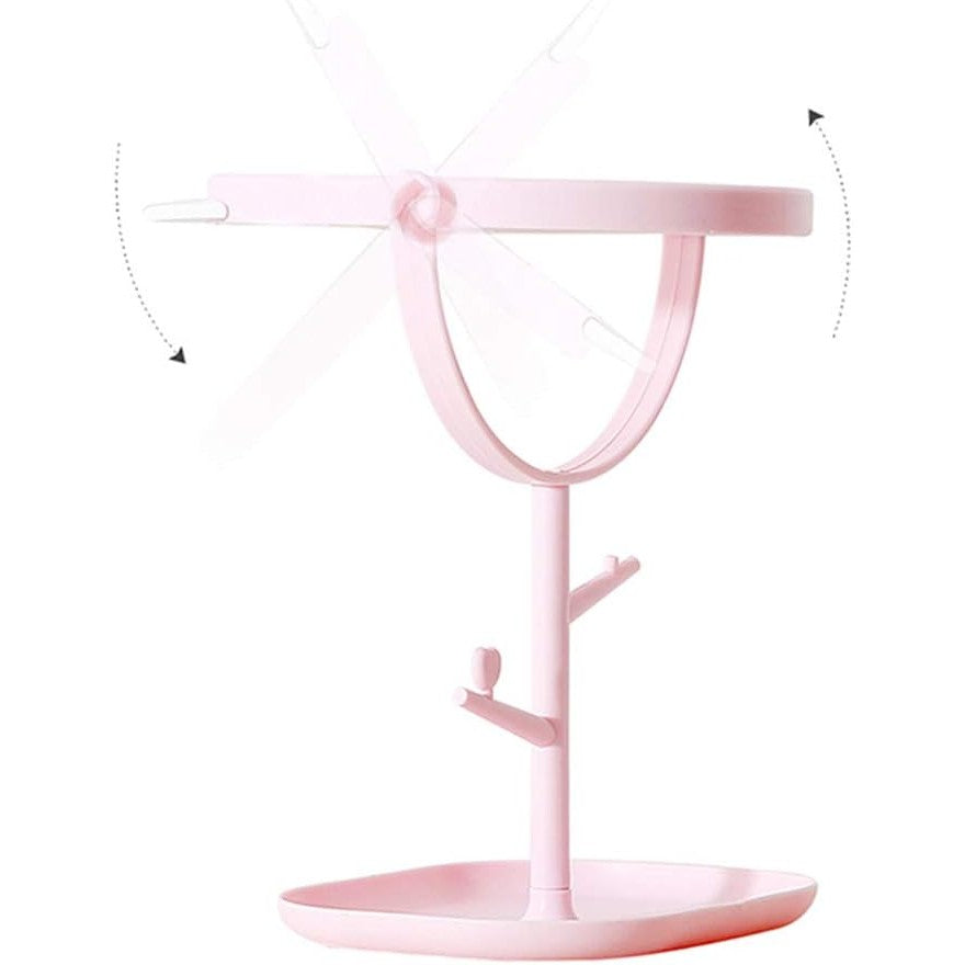 Oglina Cosmetica cu Picior, Klevo, HD, Rotire 360 Grade, 15 cm Diametru, Suport Bijuterii Baza + Brate, Model cu Urechi, 30 x 16.5 x 15 cm, Roz