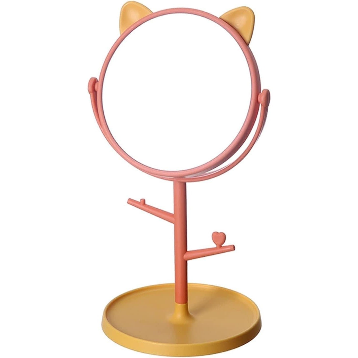 Oglina Cosmetica cu Picior, Klevo, HD, Rotire 360 Grade, 15 cm Diametru, Suport Bijuterii Baza Rotunda + 2 Brate, Model cu Urechi, 31 x 14.5 x 15 cm, din Plastic, Portocaliu/Galben