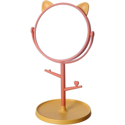 Oglina Cosmetica cu Picior, Klevo, HD, Rotire 360 Grade, 15 cm Diametru, Suport Bijuterii Baza Rotunda + 2 Brate, Model cu Urechi, 31 x 14.5 x 15 cm, din Plastic, Portocaliu/Galben