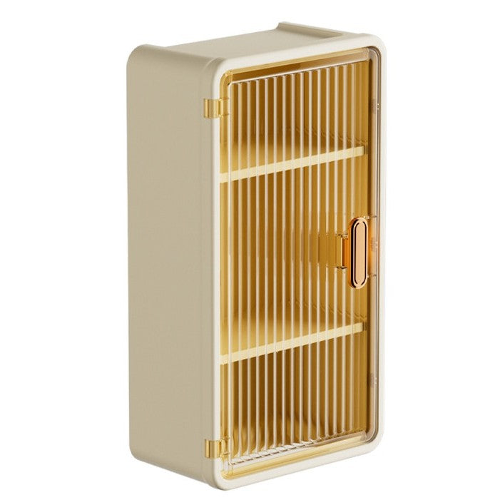 Organizator Cosmetice, Klevo, Montare pe Perete fara Perforare, 36.5x10.9x20 cm, cu 3 Rafturi, din PP si ABS, Bej, Usa Transparenta