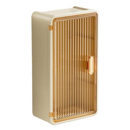 Organizator Cosmetice, Klevo, Montare pe Perete fara Perforare, 36.5x10.9x20 cm, din PP si ABS, Bej, Usa Transparenta