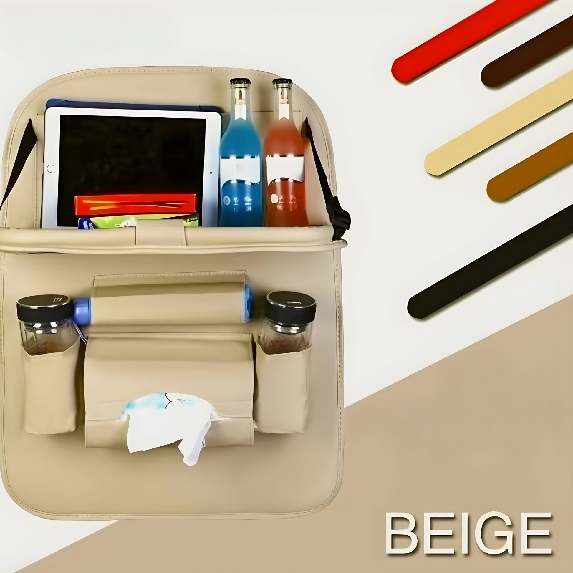 Organizator Spate Scaun Auto, Klevo, Masa Pliabila, Piele Ecologica, Impermeabil, Suport pentru Tableta, Sortare Lucruri si Protejare Tapiterie, 40 x 63cm, Bej
