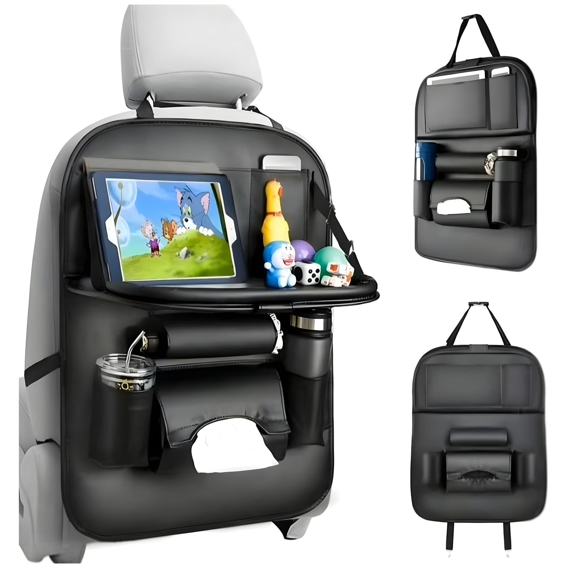 Organizator Spate Scaun Auto, Klevo, Masa Pliabila, Piele Ecologica, Impermeabil, Suport pentru Tableta, Sortare Lucruri si Protejare Tapiterie, 40 x 63cm, Negru