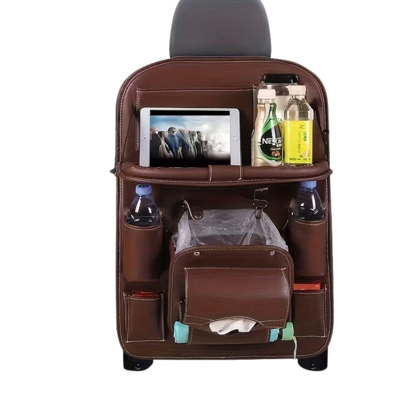 Organizator Spate Scaun Auto, Klevo, Masa Pliabila, Piele Ecologica, Impermeabil, Suport pentru Tableta, Sortare Lucruri si Protejare Tapiterie, 40 x 63cm, Maro