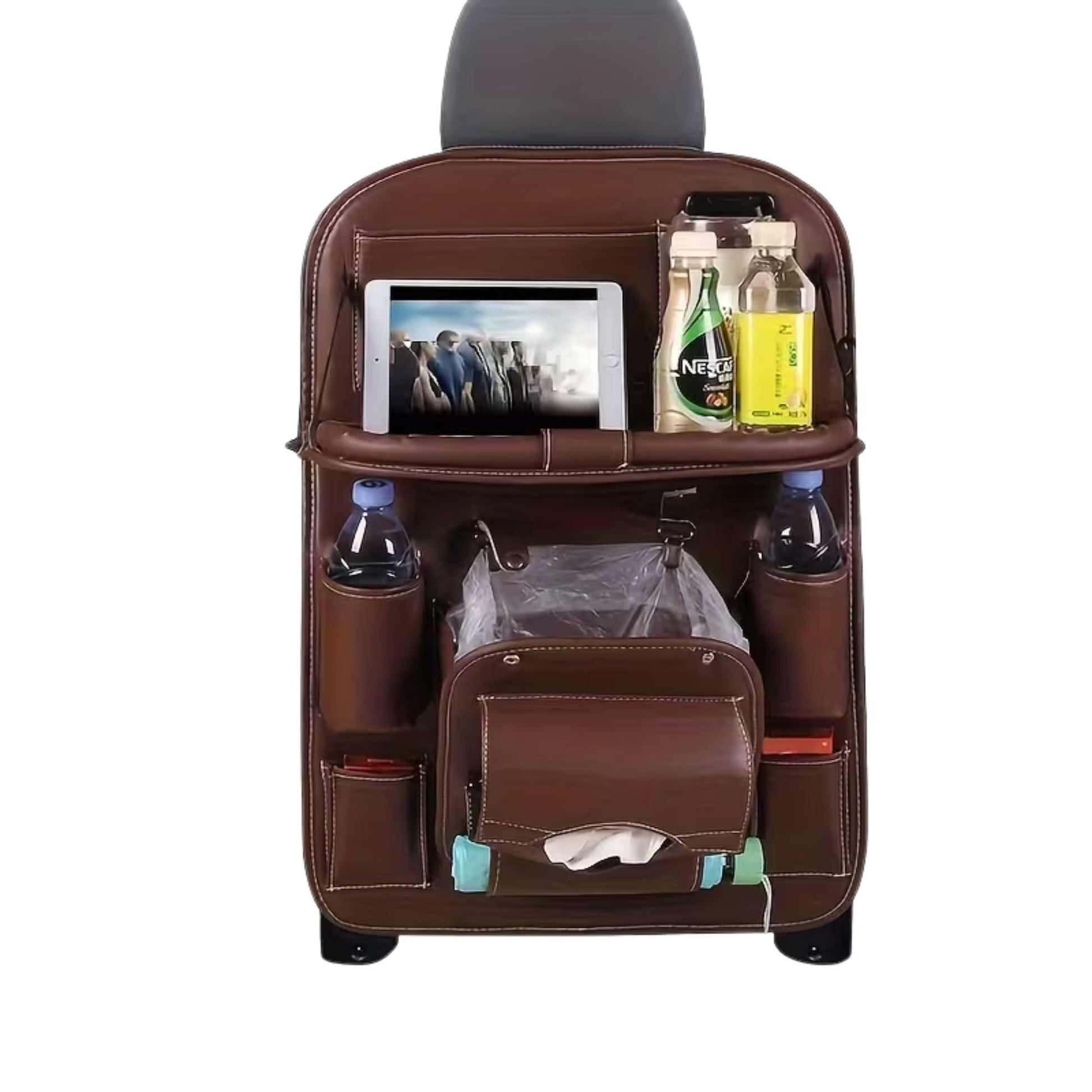 Organizator Spate Scaun Auto, Klevo, Masa Pliabila, Piele Ecologica, Impermeabil, Suport pentru Tableta, Sortare Lucruri si Protejare Tapiterie, 40 x 63cm, Maro