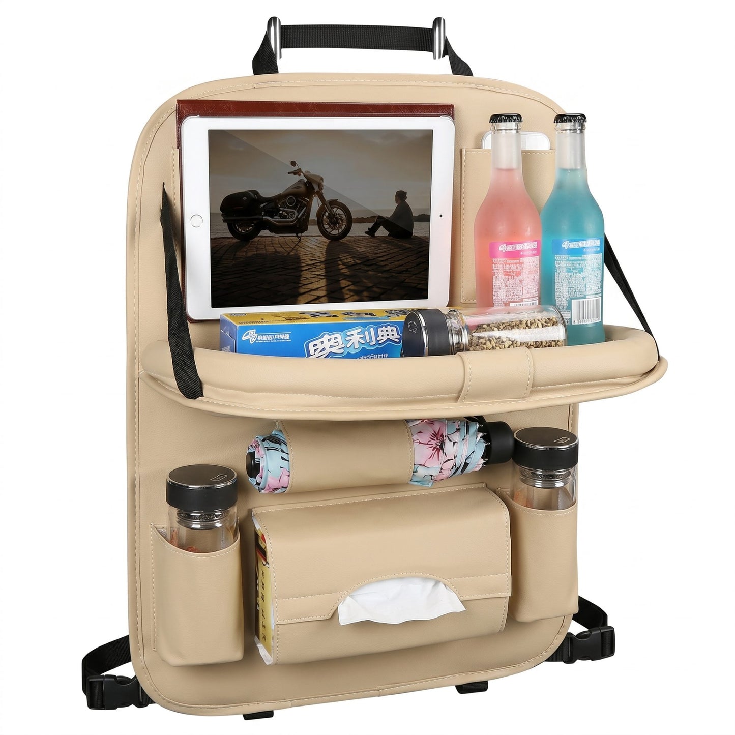 Organizator Spate Scaun Auto, Klevo, Masa Pliabila, Piele Ecologica, Impermeabil, Suport pentru Tableta, Sortare Lucruri si Protejare Tapiterie, 40 x 63cm, Bej