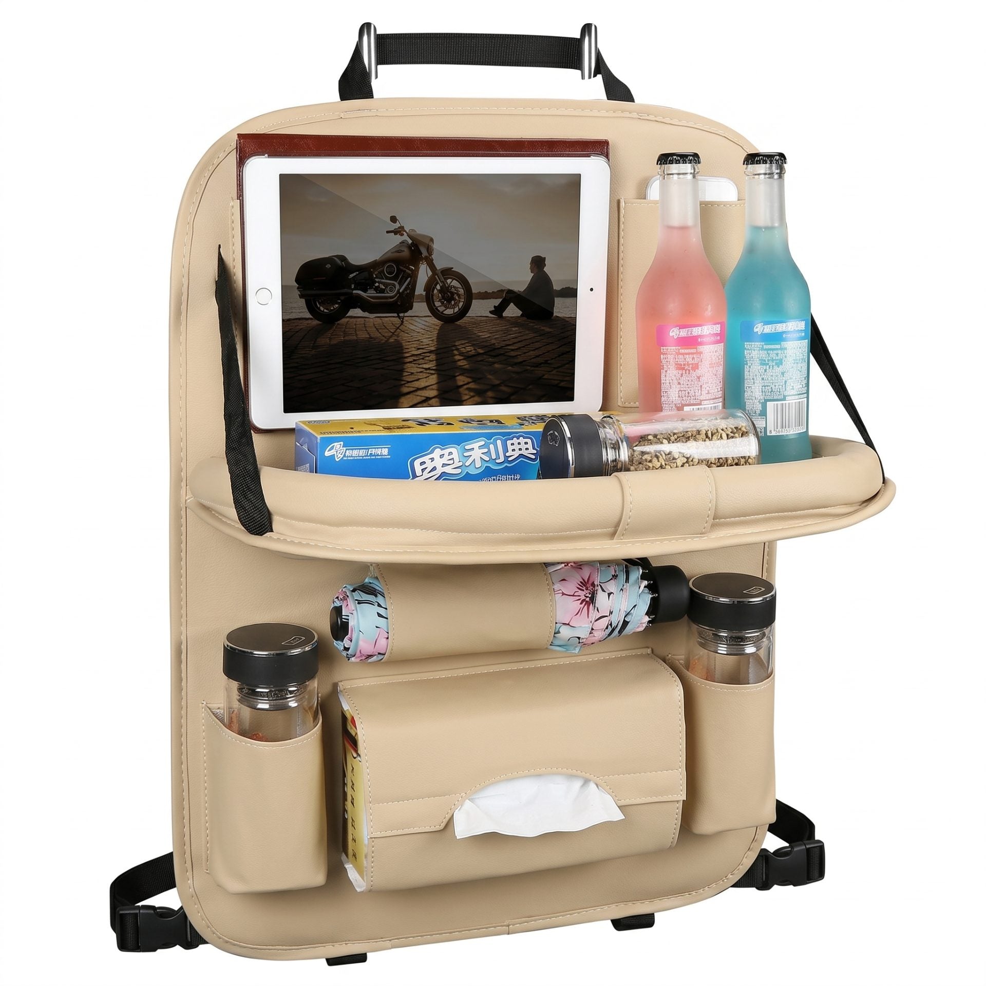 Organizator Spate Scaun Auto, Klevo, Masa Pliabila, Piele Ecologica, Impermeabil, Suport pentru Tableta, Sortare Lucruri si Protejare Tapiterie, 40 x 63cm, Bej