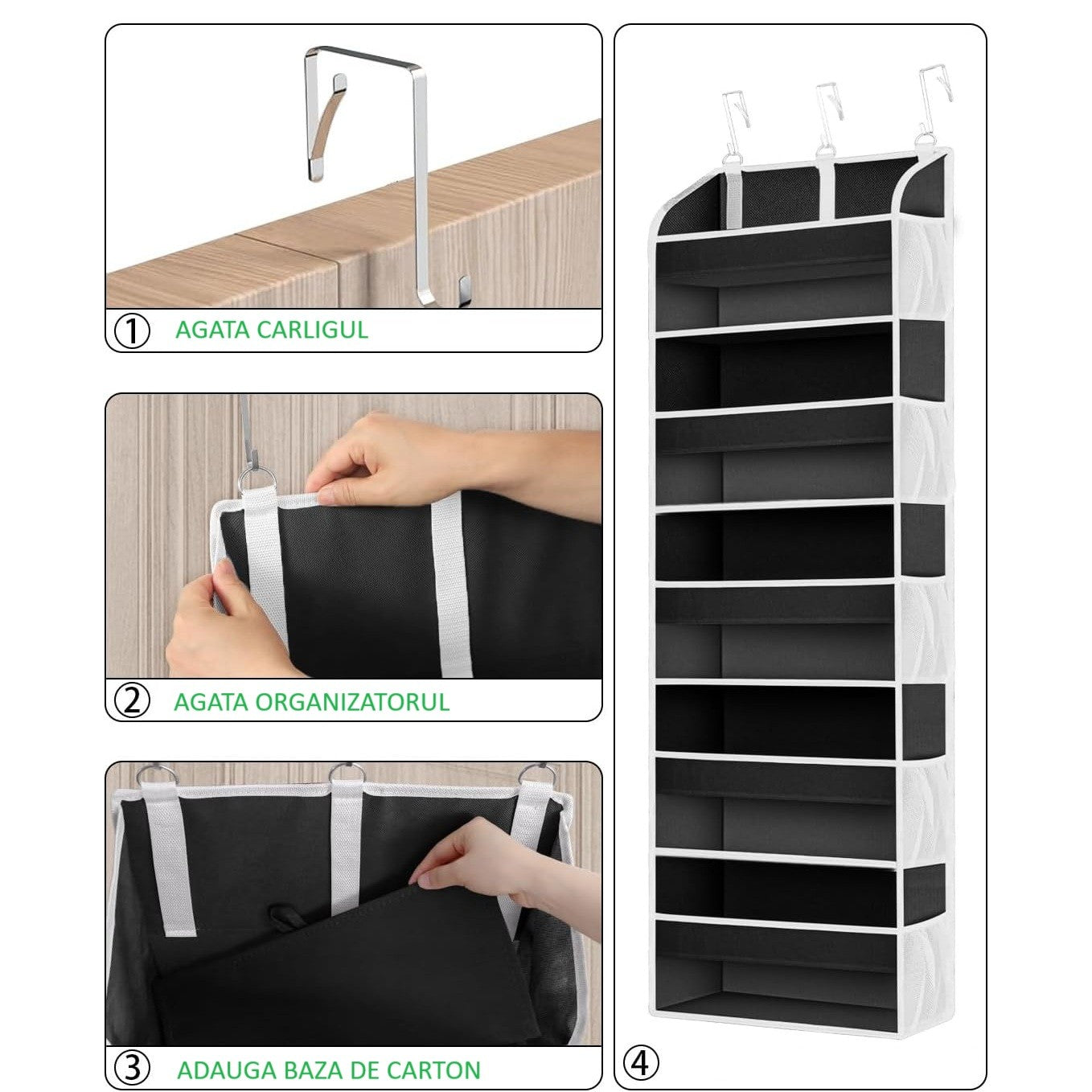 Organizator Suspendat pentru Usi, Klevo, din Nailon si Plasa, Baza de Carton Ingrosat, 5 Buzunare Principale + 10 Buzunare Laterale, 140 x 39 x 17 cm, 3 Carlige Incluse, Negru