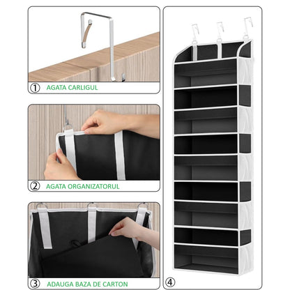 Organizator Suspendat pentru Usi, Klevo, din Nailon si Plasa, Baza de Carton Ingrosat, 5 Buzunare Principale + 10 Buzunare Laterale, 140 x 39 x 17 cm, 3 Carlige Incluse, Negru