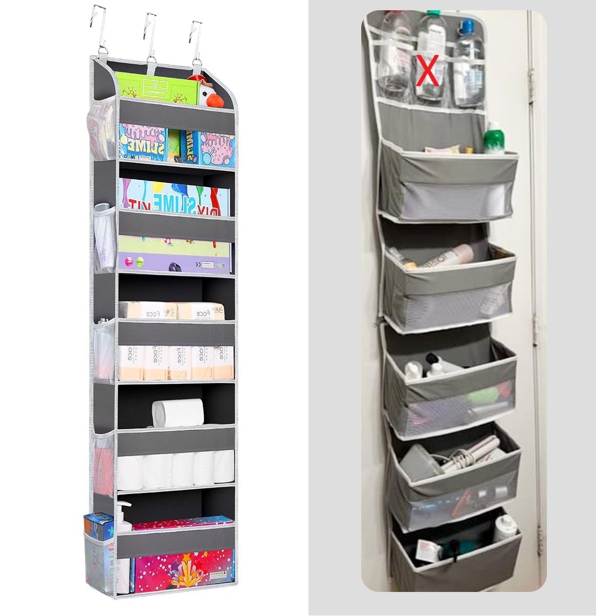 Organizator Suspendat pentru Usi, Klevo, din Nailon si Plasa, Baza de Carton Ingrosat, 5 Buzunare Principale + 10 Buzunare Laterale, 140 x 39 x 17 cm, 3 Carlige Incluse, Gri