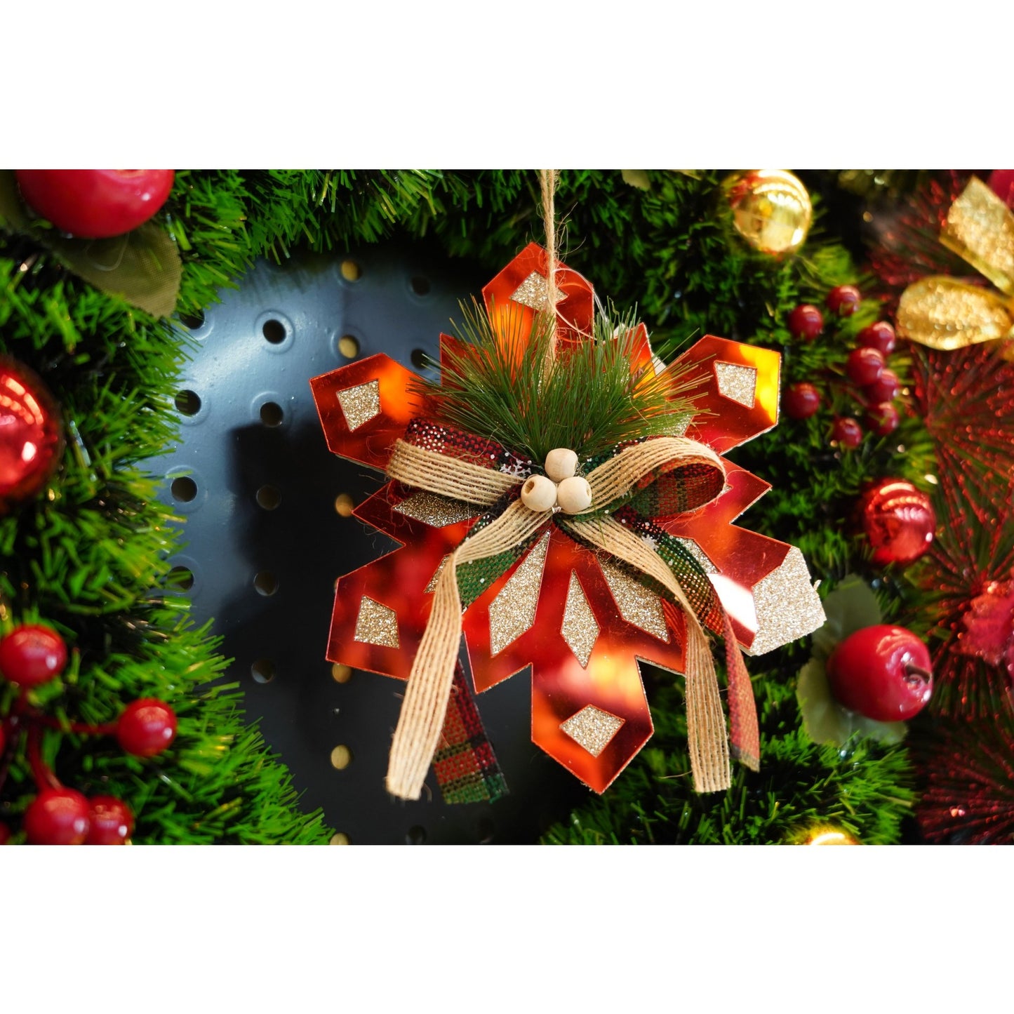 Ornament brad, Klevo, Fulg de nea, Rosu, Lucios, 15*15CM, Acril, Interior/ Exterior