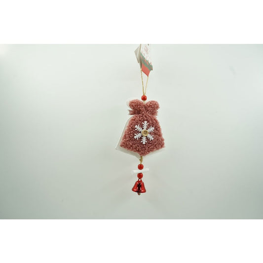 Ornament de brad broderie cu clopot, Klevo, roz, lemn, 18 cm