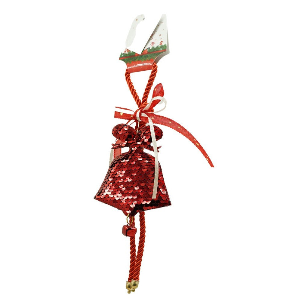 Ornament de brad clopotel cu paiete, Klevo, rosu, lemn, 25 cm
