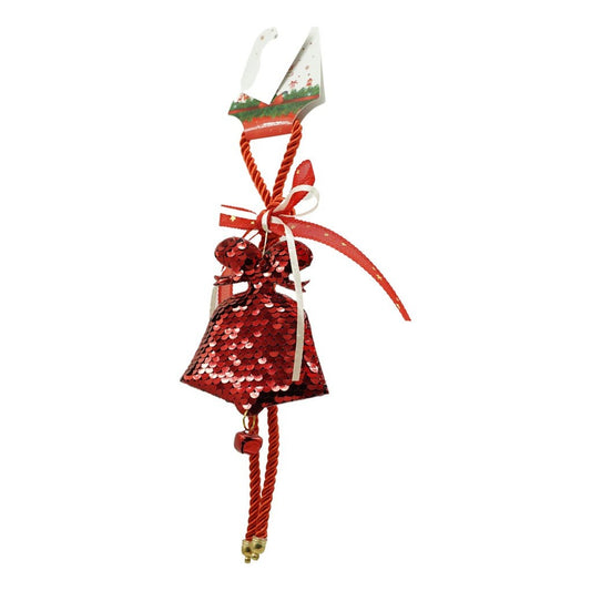 Ornament de brad clopotel cu paiete, Klevo, rosu, lemn, 25 cm