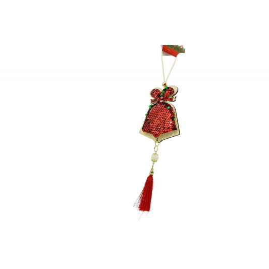 Ornament de brad clopotel cu paiete model 2, Klevo, rosu, lemn, 36 cm