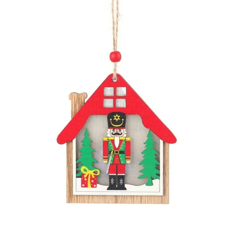 Ornament de Brad, Klevo, cu Lumini LED, din Lemn, Figurina Spargatorul de Nuci, Model Casuta, Multicolor